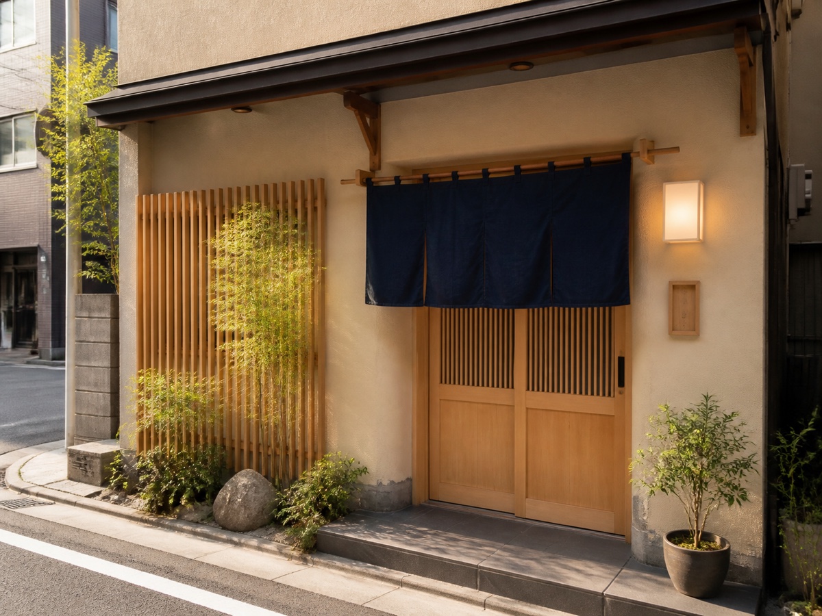生成りの壁と控えめな暖簾の寿司店外観