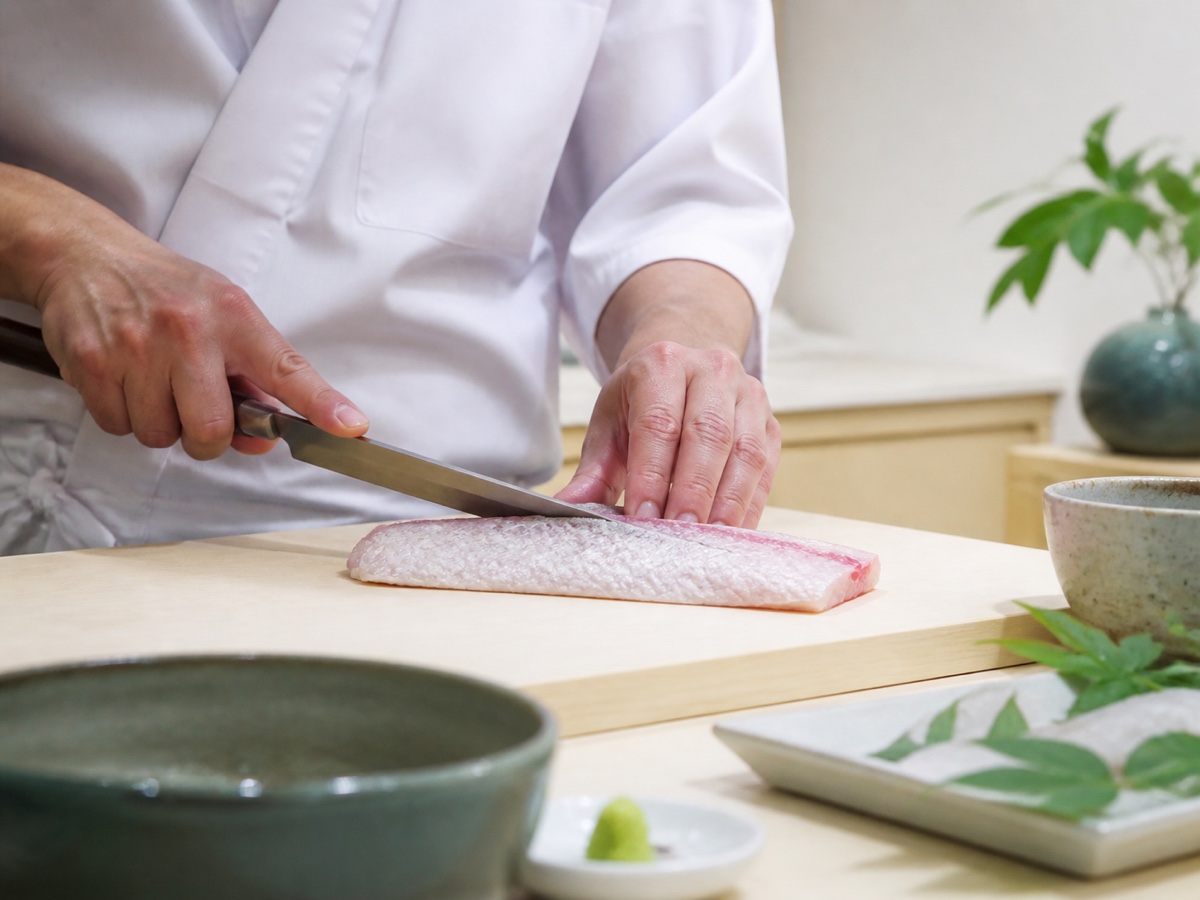 旬の魚をカウンター内で仕込む様子